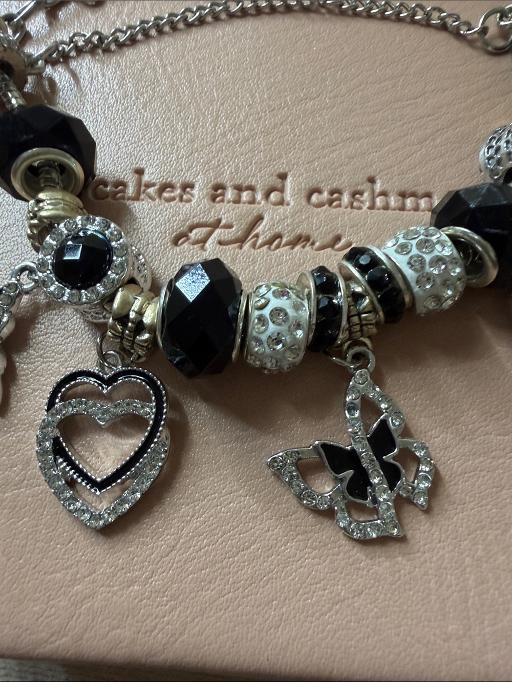 Stainless Silver-tone Black Bead Heart & Butterfly Charm Bracelet - Picture 2 of 10